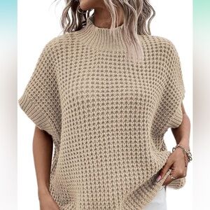 Beige Waffle Knit Short Sleeve Sweater Top - Women